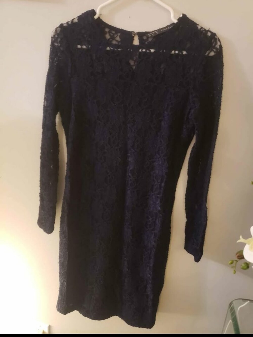 Zara Navy Lace Long-Sleeve Shift Dress